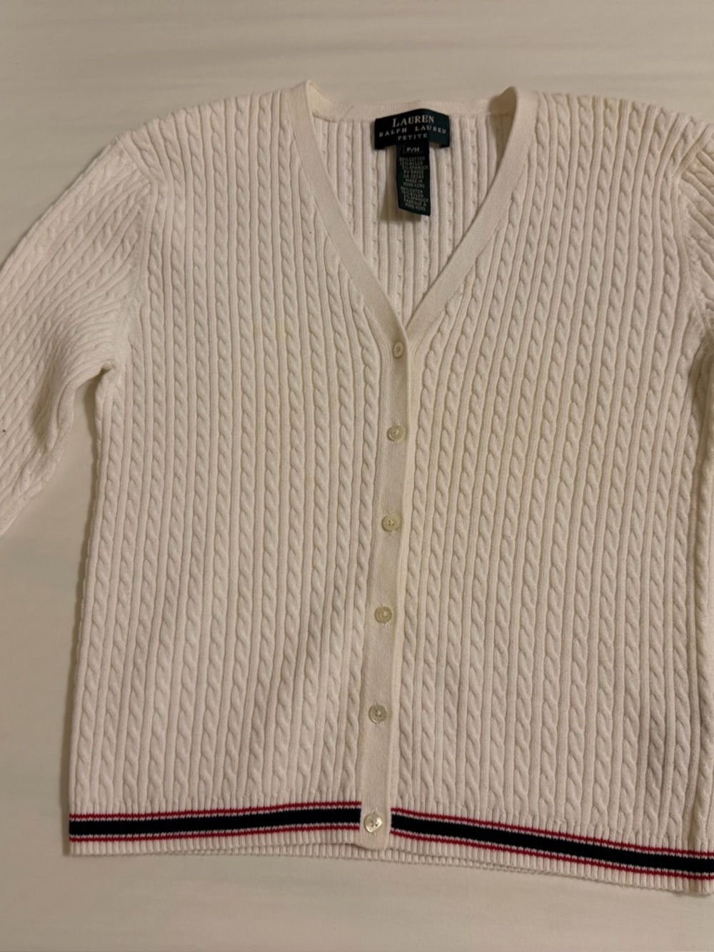 Ralph Lauren Cream Cable-Knit Cardigan with Navy and Red Trim